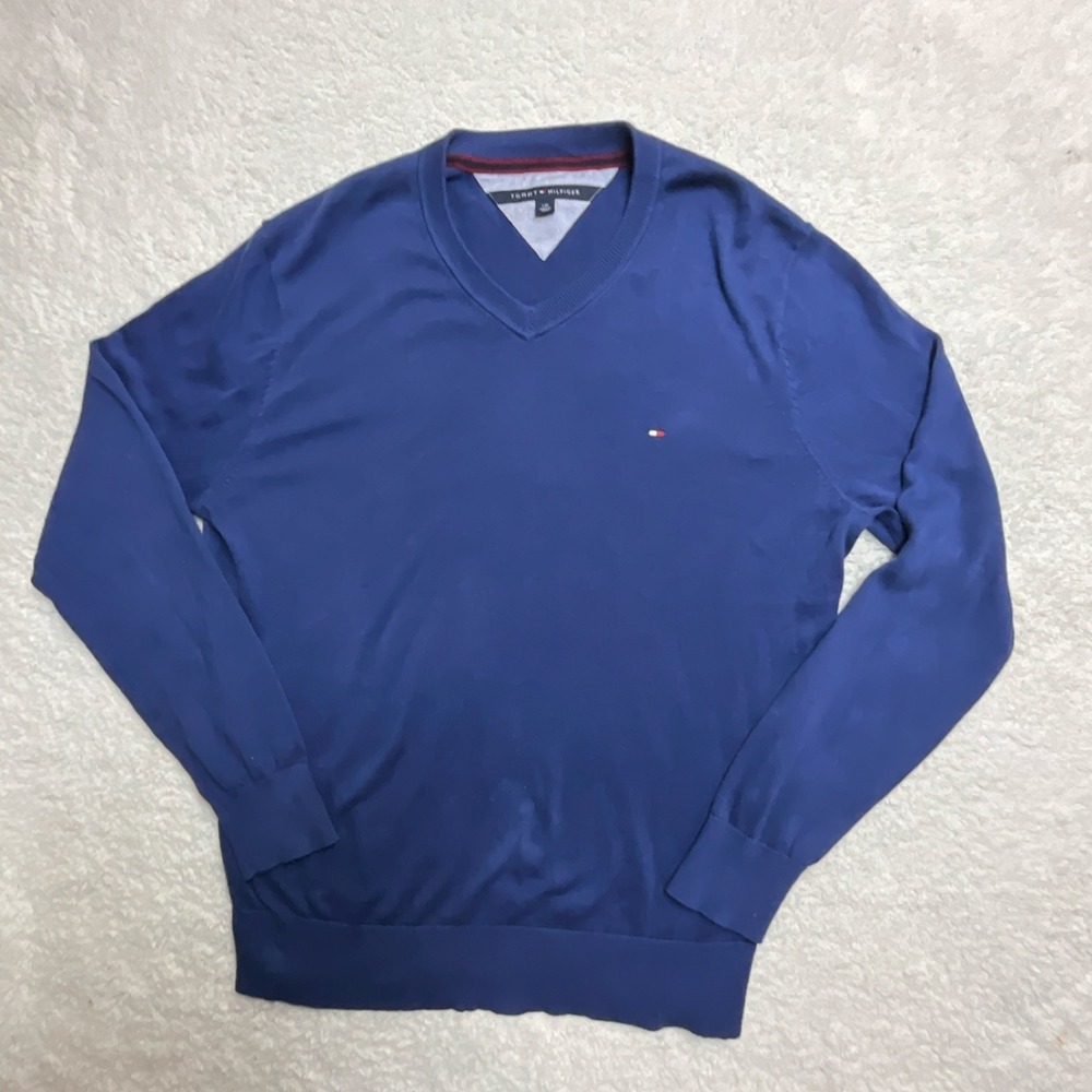 Tommy Hilfiger Men's Blue Knit V-Neck Pullover Sweater Logo Long Sleeve Size L